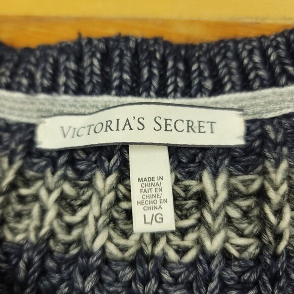 Victorias‎ Secret Womens L Sweater Bulky Blue Gray Stripe Chunky Knit Wool Blend - Picture 2 of 13